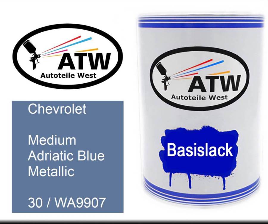 Chevrolet, Medium Adriatic Blue Metallic, 30 / WA9907: 500ml Lackdose, von ATW Autoteile West.